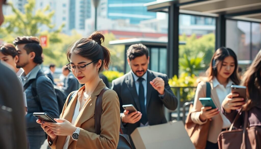 A busy urban setting in the foreground, featuring a diverse group of professionals using their Android devices in various daily scenarios. A young woman in smart casual attire is highlighted, focused on her smartphone while waiting for public transport. In the middle ground, a man in a business suit is engaged in a video call outside a modern café, showcasing the AI performance of his device. The background shows a vibrant cityscape with greenery, emphasizing a blend of technology and nature. Soft, natural lighting creates a bright and positive atmosphere, with a slight lens blur on the background to enhance focus on the subjects. The overall mood is dynamic and efficient, reflecting the integration of AI in everyday life.