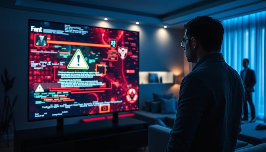 A close-up view of a modern smart TV displaying alarming visuals indicating malware infection, such as distorted images, warning signs, and unusual color patterns. In the foreground, the screen is filled with a pixelated and glitchy interface, suggesting ransomware activity. The middle ground features a sleek living room setting, with stylish furniture and a dimly lit atmosphere to evoke a sense of unease. The background includes subtle shadows and a faint outline of a concerned viewer, dressed in casual but professional attire, watching the screen with a look of anxiety. Soft, eerie lighting casts a blue hue across the scene, enhancing the tense mood of the image, while using a wide-angle lens to create depth and atmosphere.