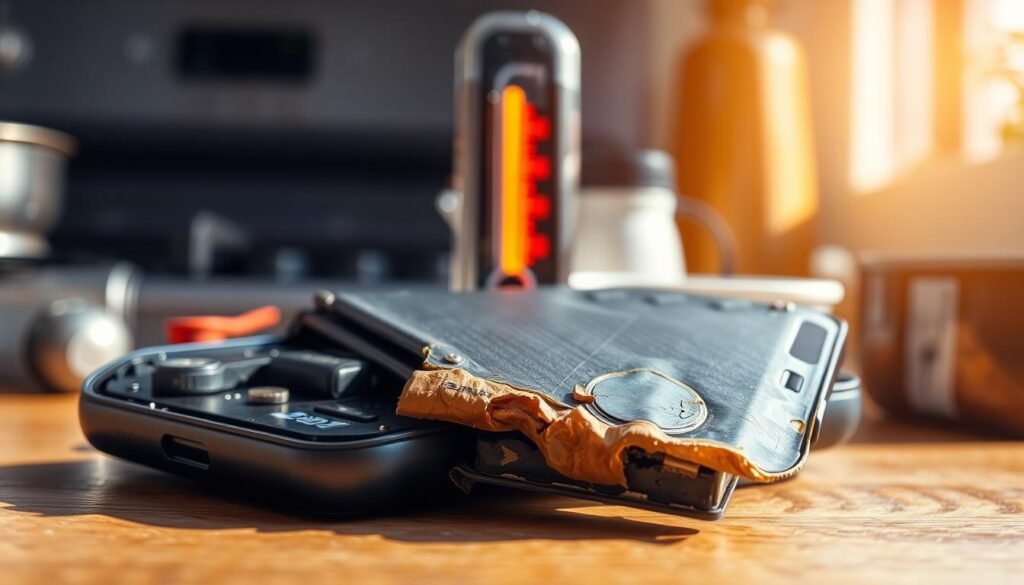 A close-up view of a smartphone battery, partially disassembled to showcase its internal components, set against a backdrop that reflects high-temperature environments, like a kitchen with a stove or an outdoor sunny day. In the foreground, highlight the deteriorated battery cells with signs of swelling and discoloration, illustrating battery degradation. Use soft, natural lighting to cast subtle shadows, emphasizing the texture of the battery and the surrounding materials. In the middle background, include a thermometer displaying high temperatures, hinting at the cause of the degradation. The overall mood should convey a sense of concern and education about battery health, focusing on the importance of temperature on performance.