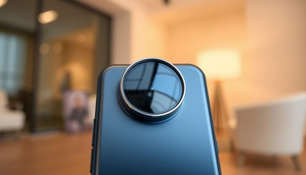 A close-up view of the Realme GT Neo 6 camera, showcasing its sleek design with a 50MP lens prominently displayed. In the foreground, the camera lens is sharply in focus, revealing intricate details like the glass surface reflecting light and the metallic plating surrounding it. In the middle ground, the smartphone body is slightly blurred, emphasizing its smooth contours and modern aesthetic. The background features a softly blurred indoor setting with warm lighting, highlighting the device’s elegance. The mood is professional yet inviting, suitable for a technology review context. Capture the essence of innovation and quality in this captivating design, emphasizing the camera's features without any text or branding.