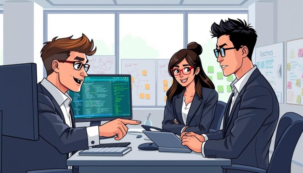 A contemporary office environment featuring a diverse group of junior developers, including a Caucasian male, a Black female, and an Asian male, all wearing professional business attire. They are gathered around a modern workstation with multiple screens displaying coding interfaces and data analytics. In the foreground, one developer is pointing at a screen with a focused expression, while the others attentively observe, illustrating collaboration. The middle ground includes whiteboards with brainstorming ideas and sticky notes, symbolizing adaptation and strategy. In the background, large windows let in natural light, creating an inviting and hopeful atmosphere. The mood is one of determination and innovation as they navigate changes in technology. Use soft lighting to enhance the professional setting and capture a sense of urgency in their expressions, focusing on teamwork in the face of evolving challenges.