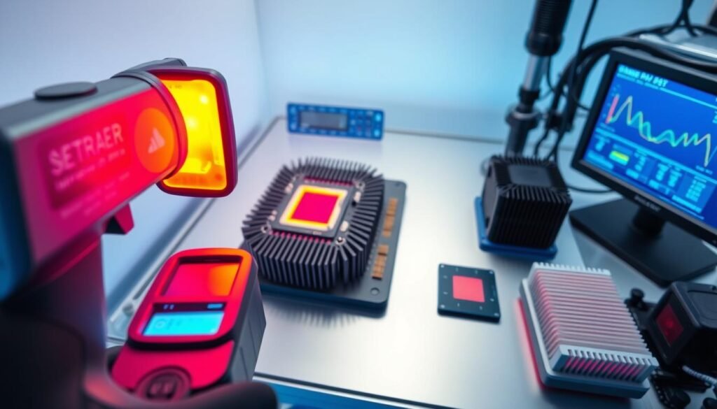 A detailed close-up of a thermal testing setup for smartphone chipsets, featuring two advanced processors - the Snapdragon 8 Gen 3 and the Dimensity 9300+. In the foreground, an infrared thermometer measures heat from the chipsets, while thermal imaging displays the heat emission in vibrant colors. The middle features a sleek laboratory bench with high-tech equipment, including heat sinks and cooling fans. In the background, there are digital screens showing temperature graphs and performance metrics. The scene is illuminated with cool blue and white lighting to create a professional and technical atmosphere. The angle is slightly overhead, enhancing the focus on the processors and their thermal performance during tests, conveying a sense of precision and innovation.