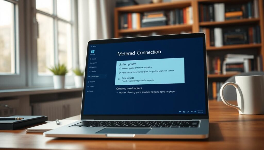 A detailed depiction of a Windows 11 screen showcasing the "Metered Connection" feature, prominently displayed in the foreground. The interface is illuminated, highlighting options to limit updates. In the middle ground, there is a sleek laptop on a wooden desk, adorned with subtle office accessories like a notepad and a mug. Soft natural light enters from a nearby window, creating a warm and inviting atmosphere. The background features a blurred bookshelf filled with tech books, emphasizing a professional environment. The mood should reflect focus and efficiency, suitable for a tech-savvy audience. The angle is slightly above eye level, providing a clear view of the laptop screen, with no text, watermarks, or distractions.