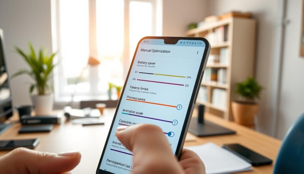 A detailed view of an Android smartphone interface displaying the "Manual Optimization" settings menu, featuring vivid icons and sliders. In the foreground, highlight the phone’s touchscreen with fingers navigating through various optimization options like battery saver, background process limits, and animation scale adjustments. The middle layer shows a clean, modern workspace decorated with tech gadgets and subtle greenery, conveying a productive atmosphere. In the background, soft-focused bookshelves and a calming window view with natural light flooding in create a bright, inviting mood. Use warm, soft lighting to enhance the sense of clarity and focus. Capture the angle from slightly above to show depth and engagement with the smartphone interface. Emphasize professionalism and simplicity with no distractions.