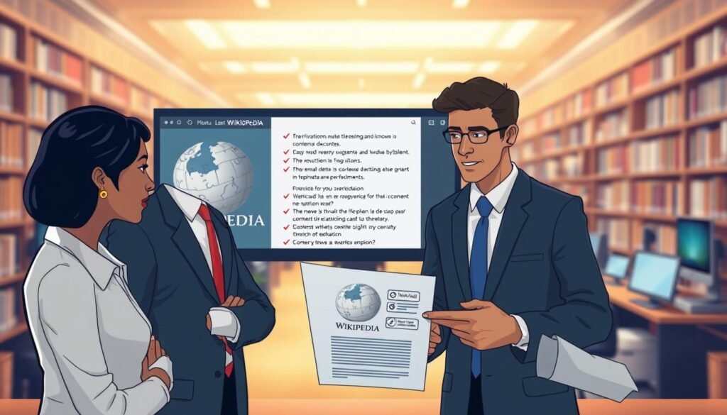 A digital illustration depicting the concept of Wikipedia verification policies, focusing on a split-screen design. In the foreground, a diverse group of three professionals in smart business attire, thoughtfully discussing a document with Wikipedia's logo and verification symbols. In the middle ground, a blurred section illustrates a digital interface detailing rules and guidelines for content verification, with visual elements like checkmarks and caution symbols. The background features a soft-focus portrayal of a busy library or research room filled with books and computer screens, symbolizing knowledge and the importance of reliable sources. The lighting is bright and warm, creating an informative and serious atmosphere, aimed at engaging the viewer on the topic of content accuracy and credibility.