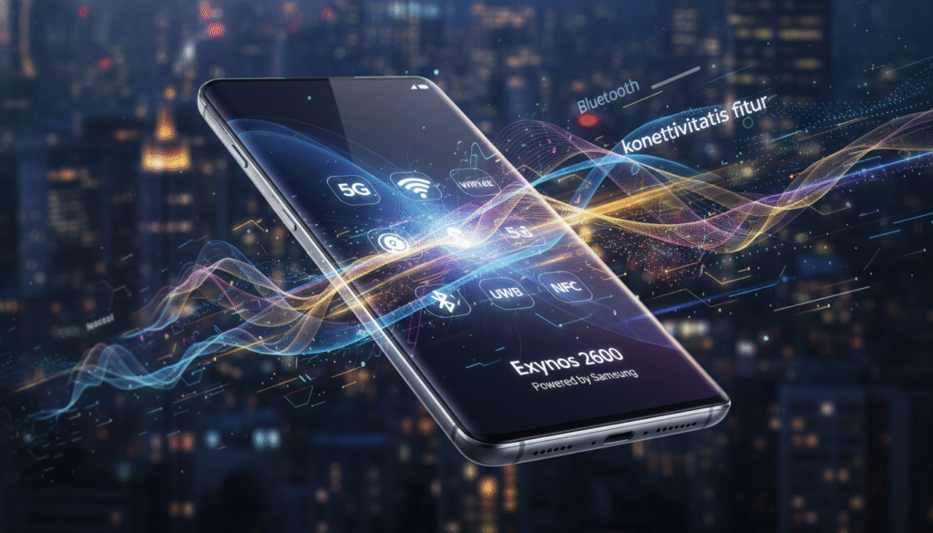 A dynamic and sleek visualization of "konektivitas fitur" showcasing the advanced connectivity features of a high-end smartphone powered by Samsung's Exynos 2600 chip. In the foreground, display a futuristic smartphone with a vibrant screen that highlights various connectivity icons like 5G, Wi-Fi 6, and Bluetooth, each glowing softly. In the middle, include abstract patterns representing data transmission and connectivity waves, enhancing the sense of technology and speed. The background features a blurred cityscape at dusk, illuminated by lights that suggest bustling network activity. Use dramatic side lighting to create a modern and high-tech atmosphere, focusing on sharp contrasts and smooth gradients to evoke innovation and excellence.