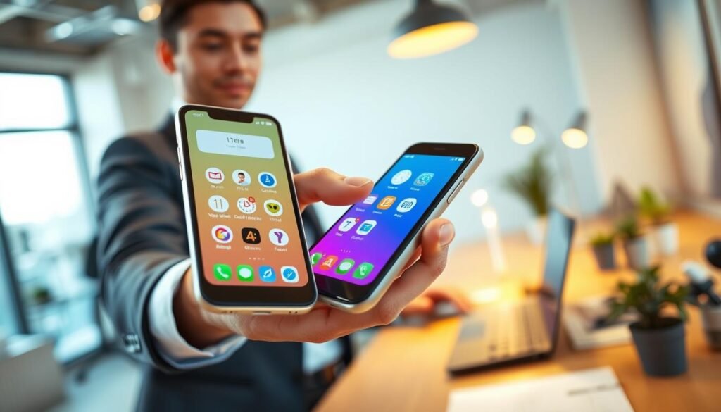 A dynamic composition showcasing the added value of smartphone built-in applications. In the foreground, display a sleek smartphone with a vibrant, user-friendly interface showcasing various prominent apps like a calendar, health tracker, and photo editor, visibly in use. The middle ground features a blurred hand of a professional adult in smart casual attire interacting with the smartphone, emphasizing usability and engagement. The background presents a modern, well-lit office environment with soft-focus elements like a desk, laptop, and potted plants, enhancing a productive atmosphere. Use warm lighting to create an inviting and innovative vibe, with a slight tilt-angle perspective that adds depth to the composition. The overall mood should be inspiring, highlighting efficiency and the seamless integration of technology in daily life.