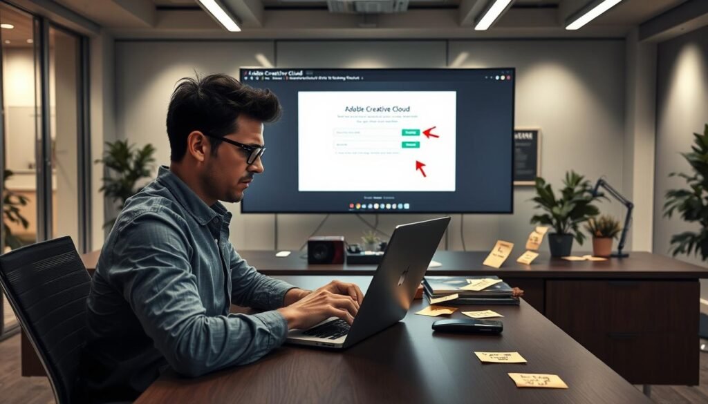 A dynamic scene portraying a professional workspace focused on resolving Adobe Creative Cloud login and validation issues. In the foreground, a frustrated user sits at a modern desk with a laptop open, visibly trying to troubleshoot, surrounded by sticky notes with troubleshooting tips. In the middle ground, a large screen displays the Adobe Creative Cloud interface highlighting the login error, with arrows indicating possible solutions. The background features a sleek office environment with soft lighting, giving a sense of urgency and focus. The visual should convey a mood of determination and problem-solving, capturing both the challenges of digital workflows and the collaborative spirit of tech support. Use a wide-angle lens effect to emphasize the workspace atmosphere. A dynamic scene portraying a professional workspace focused on resolving Adobe Creative Cloud login and validation issues. In the foreground, a frustrated user sits at a modern desk with a laptop open, visibly trying to troubleshoot, surrounded by sticky notes with troubleshooting tips. In the middle ground, a large screen displays the Adobe Creative Cloud interface highlighting the login error, with arrows indicating possible solutions. The background features a sleek office environment with soft lighting, giving a sense of urgency and focus. The visual should convey a mood of determination and problem-solving, capturing both the challenges of digital workflows and the collaborative spirit of tech support. Use a wide-angle lens effect to emphasize the workspace atmosphere.
