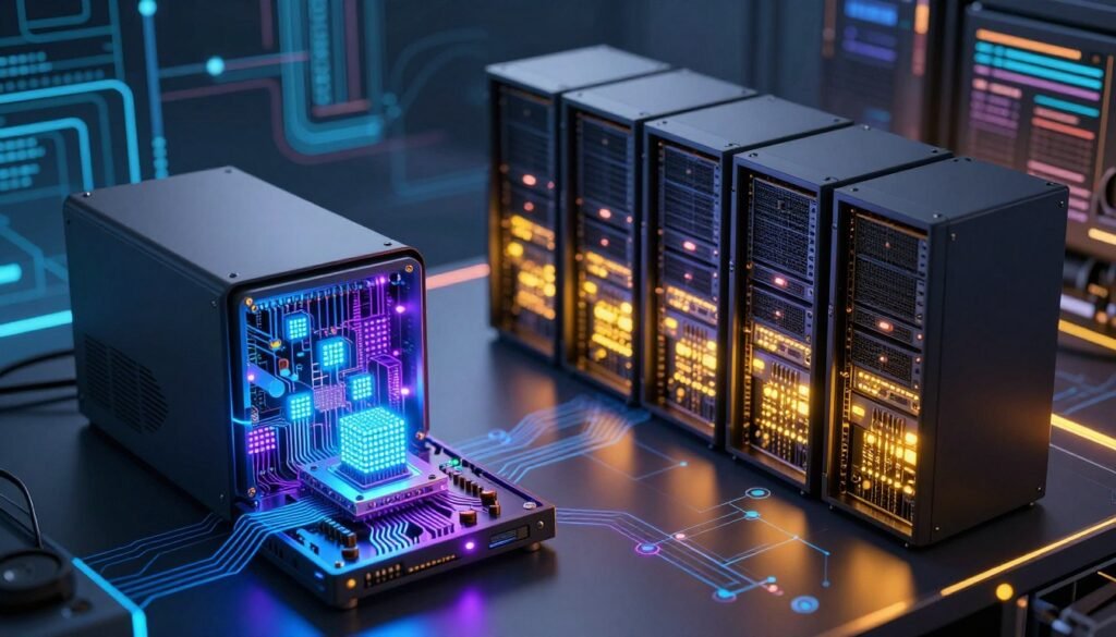 A dynamic split-scene image contrasting quantum computing and traditional supercomputing. In the foreground, a sleek quantum computer setup featuring glowing qubits and intricate circuitry illuminated by soft blue and purple lights, conveying a futuristic aura. In the middle ground, depict a powerful traditional supercomputer with visible processing cores and rows of servers, highlighted by warm yellow and orange hues to evoke energy and speed. The background features a digital abstract representation of data flow and algorithms, intertwining the two technologies. The atmosphere should feel innovative and competitive, showcasing the advancements and differences in computing. Use a slightly elevated angle for a dramatic perspective, enhancing the sense of depth and complexity. No text, watermarks, or distractions should be present in the image.
