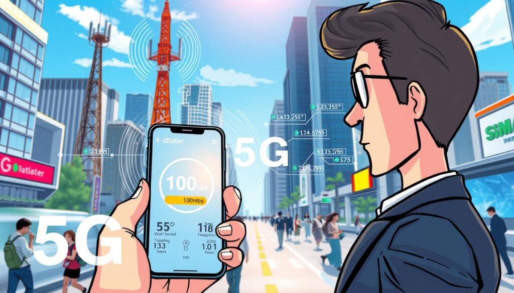 A futuristic cityscape representing 5G technology, with dynamic visuals symbolizing high-speed connectivity. In the foreground, an elegant smartphone displaying a speed test result of 100Mbps, held by a business professional in smart attire. In the middle, a digital representation of radio waves emanating from cellular towers, illustrating the concept of frequency bands, with visually striking data overlays showing 5G network statistics. The background features a busy urban environment, with people using devices, under a clear blue sky and bright sunlight, creating an optimistic and innovative mood. Use vibrant colors for a tech-centric atmosphere, focusing on clarity and modernity. Emphasize the contrast between technological potential and current limitations.