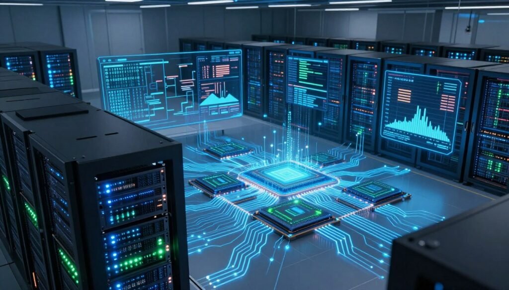 A futuristic data center showcasing a distributed processor architecture with 11 million cores illustrated as glowing circuits and interconnected nodes. In the foreground, a sleek, high-tech server rack emits vibrant blue and green lights, representing the intense processing power. The middle ground features complex visualizations of data flow, with streams of binary code and graphs dynamically moving across digital screens. In the background, a panoramic view of a vast array of servers fills the room, illuminated by soft, ambient lighting that creates a high-tech atmosphere. The angle is slightly elevated, capturing the expansive technology landscape. The overall mood is one of innovation and cutting-edge advancement, emphasizing the synergy and efficiency inherent in modern supercomputing technology.