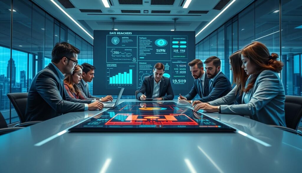 A futuristic digital workspace, focused on cybersecurity analysis. In the foreground, a diverse group of professionals in business attire sit around a sleek, modern conference table, intensely discussing data privacy while examining high-tech devices and holographic displays showing encryption codes and digital graphs. The middle ground features a large, illuminated screen displaying analytics of data breaches and VPN usage statistics. The background includes a sophisticated office environment with glass walls, city skyline visible outside, symbolizing an interconnected world. Soft blue and green lighting creates a high-tech ambiance, reflecting the seriousness of digital security, while a low angle captures the determined expressions of the professionals at work.