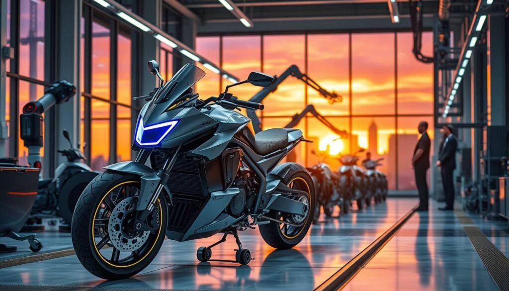 A futuristic electric motorcycle production line set in a sleek, high-tech factory, showcasing advanced robotics and engineers in professional attire working diligently. In the foreground, a partially assembled electric motorcycle with a cyberpunk aesthetic, featuring sharp angles and glowing neon elements. The middle ground highlights robotic arms meticulously assembling components with precision. The background displays large windows revealing a vibrant city skyline, bathed in the warm glow of sunset with streaks of purple and orange. Lighting is bright and focused on the assembly process, casting sharp shadows that enhance the atmosphere of innovation and urgency. The overall mood is dynamic and forward-looking, encapsulating the cutting-edge nature of electric vehicle technology.