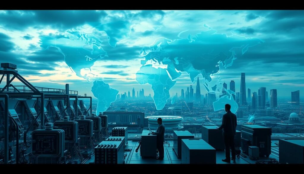 A futuristic, highly detailed landscape that illustrates the geopolitical impact on the development of 3nm chips. In the foreground, a sleek, modern chip manufacturing facility with intricate machinery and engineers in professional business attire working diligently. The middle ground features a large digital map showcasing different countries, interconnected by glowing lines symbolizing trade and technology exchanges. In the background, a skyline of advanced technological cities under a slightly overcast sky, capturing a mood of tension and collaboration. The scene is illuminated with a cool blue and green color palette, conveying innovation mixed with geopolitical complexity. The image should be captured with a wide-angle lens to emphasize the scale of the facility and the map, ensuring clarity and depth in all elements.