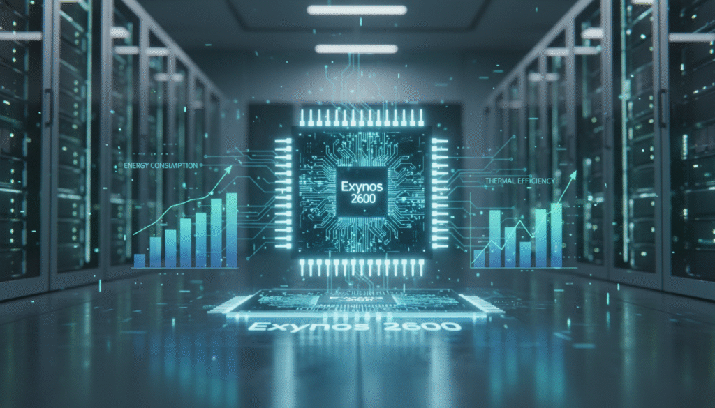 A futuristic scene depicting the concept of energy efficiency illustrated through a high-tech microchip surrounded by cool blue and green tones. In the foreground, the Exynos 2600 chip is prominently displayed, with intricate circuits glowing softly, symbolizing advanced technology. The middle-ground showcases digital graphs and holographic representations of energy consumption metrics, emphasizing its efficient heat management capabilities. In the background, a sleek, modern data center environment is visible, with clean lines and soft lighting that create a high-tech atmosphere. The lighting should have a cool, ambient glow, with reflections adding depth. Overall, convey a mood of innovation and sustainability, highlighting the importance of energy efficiency in modern chip technology.
