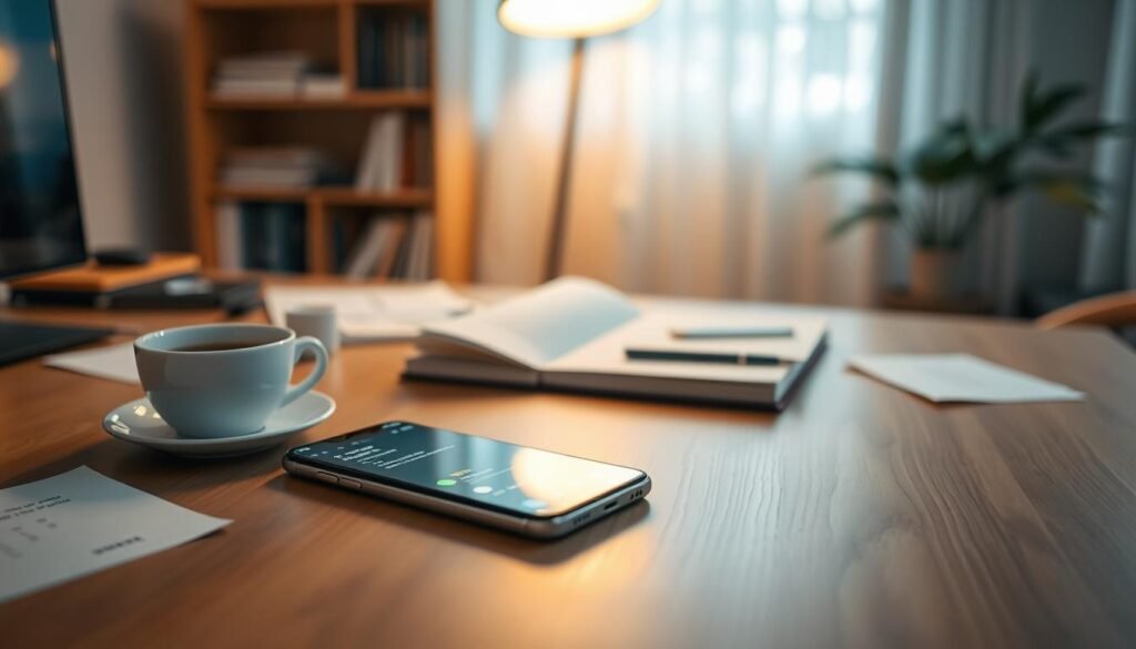 A modern Xiaomi smartphone displayed on a sleek, wooden desk, surrounded by signs of performance issues. In the foreground, the screen shows lagging animations and notification alerts. The middle ground features a cluttered workspace with a cup of coffee, scattered papers, and a subtle reflection of the phone on the desk. The background reveals a softly lit room with a blurred bookshelf, highlighting a relaxed yet slightly stressed atmosphere. Soft, warm lighting creates a cozy yet frustrating feel, symbolizing the irritation of a sluggish phone. The image captures the essence of a Xiaomi device experiencing performance slowdown, emphasizing both sophistication and disappointment.