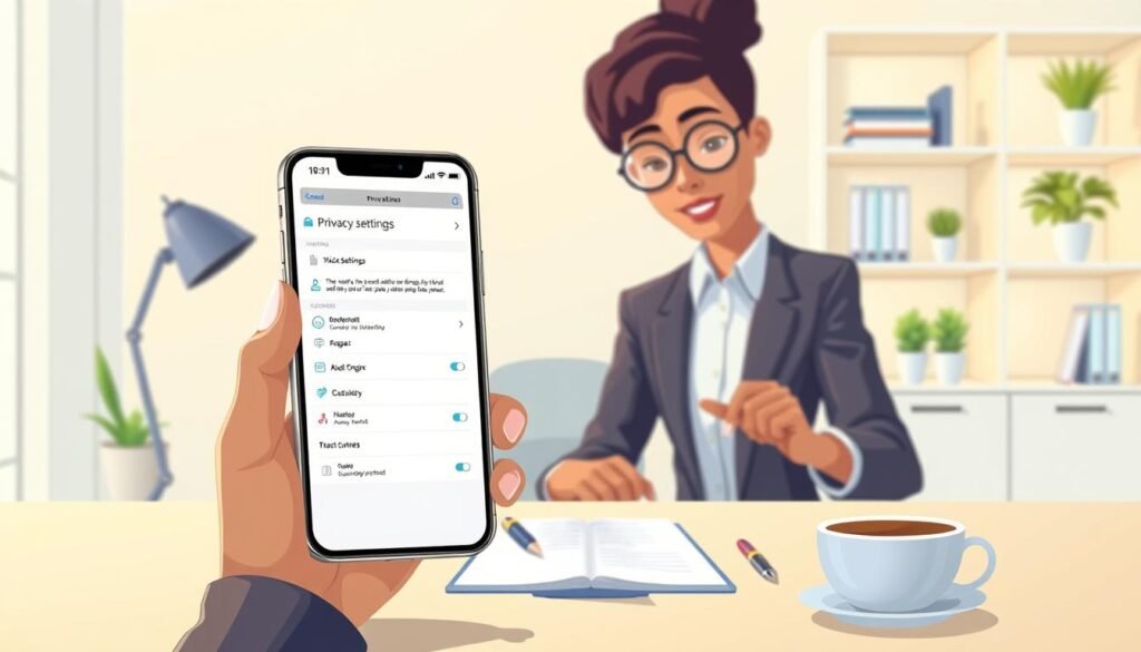 A modern, clean workspace featuring a sleek smartphone displaying the privacy settings interface for a voice assistant app. In the foreground, the smartphone is held by a diverse individual in professional business attire, closely examining the screen. The middle ground shows a bright, contemporary desk with a notepad, a stylish pen, and a cup of coffee, creating an organized, tech-savvy environment. In the background, there are soft-lit shelves with books and decorative plants, enhancing the atmosphere of technology and clarity. The lighting is warm and inviting, focusing on the smartphone to emphasize the privacy settings. The mood conveys a sense of awareness and proactive management of technology in daily life, ensuring safety and privacy.