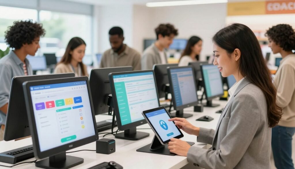 A modern, integrated checkout system in action, showcasing a diverse group of consumers engaging with a digital shopping interface on large screens. In the foreground, a professional woman in business attire is smiling as she completes a purchase on a tablet. The middle ground features a sleek checkout area with vibrant graphics displaying various payment options and security icons, symbolizing convenience and safety. In the background, a bustling store environment hints at a seamless integration between online and offline shopping experiences. Bright, natural lighting highlights the technology, creating a professional and inviting atmosphere. The angle captures a dynamic view, emphasizing consumer satisfaction and efficiency in the checkout experience.