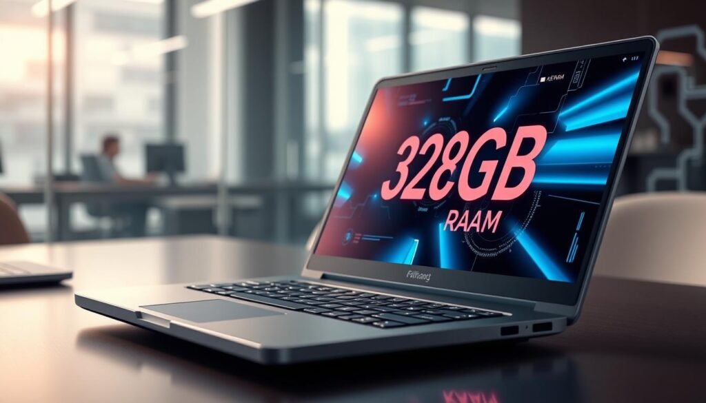 A modern laptop showcasing a sleek design and advanced technology, prominently displaying 32GB RAM. In the foreground, the laptop is open, with a shimmering, high-resolution display showing dynamic graphics that imply speed and efficiency. The middle ground features a subtle reflection of an office environment with futuristic elements, such as digital interface overlays. The background includes blurred outlines of tech gadgets, enhancing the tech-savvy atmosphere. Soft, diffused lighting casts a warm glow on the laptop, highlighting its premium materials and craftsmanship. A shallow depth of field creates focus on the laptop while maintaining a clean and professional aesthetic. The mood is innovative and inspiring, ideal for showcasing the latest in laptop technology.