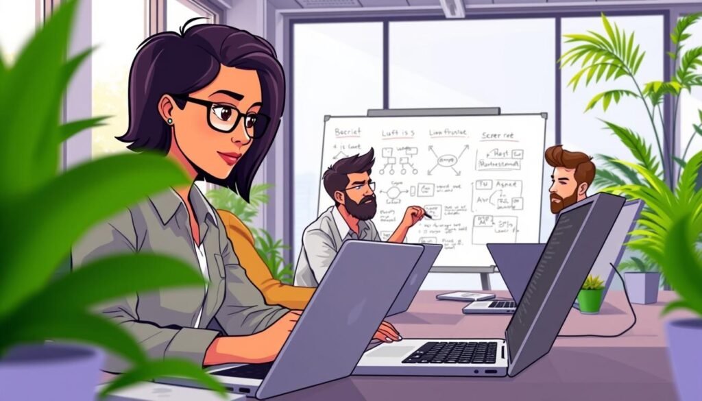 A modern office setting showcasing a diverse group of software developers collaborating on a project using GitHub Copilot. In the foreground, two programmers, one male and one female, are intently looking at their laptops, with code visible on the screens. The female developer has short hair and is wearing a smart casual outfit, while the male developer is in business casual attire. In the middle ground, a whiteboard filled with diagrams and notes highlights their brainstorming session. The background features large windows with natural light, creating a bright atmosphere, complemented by plants for a touch of freshness. The mood is focused, innovative, and collaborative, capturing the essence of teamwork and technology. The overall composition has a slight depth of field effect to emphasize the foreground action.