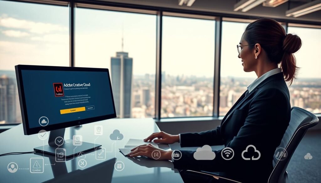 A modern office workspace with a professional woman in business attire seated at a sleek desk, focused on her computer screen displaying the Adobe Creative Cloud license validation interface. In the foreground, the computer shows a graphical representation of online validation, with checkmarks and symbols indicating successful verification. In the middle ground, a variety of Adobe Creative Cloud icons subtly positioned to suggest connectivity and software integration. The background features a large window with a panoramic view of a city skyline, letting in natural light that casts soft shadows, creating a vibrant yet serious atmosphere. The overall mood reflects a sense of technology, professionalism, and the importance of regular online checks. A modern office workspace with a professional woman in business attire seated at a sleek desk, focused on her computer screen displaying the Adobe Creative Cloud license validation interface. In the foreground, the computer shows a graphical representation of online validation, with checkmarks and symbols indicating successful verification. In the middle ground, a variety of Adobe Creative Cloud icons subtly positioned to suggest connectivity and software integration. The background features a large window with a panoramic view of a city skyline, letting in natural light that casts soft shadows, creating a vibrant yet serious atmosphere. The overall mood reflects a sense of technology, professionalism, and the importance of regular online checks.