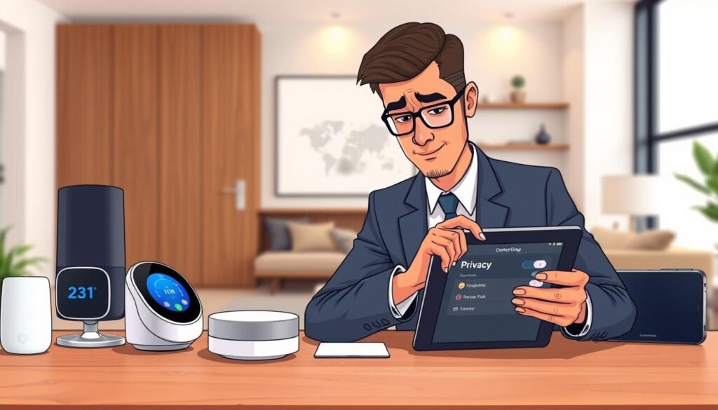 A modern, smart home setting featuring various smart devices like a voice assistant, smart thermostat, and security cameras, arranged on a stylish, minimalist wooden table. In the foreground, a person in professional business attire is inspecting the privacy settings on a tablet or smartphone, with a look of concentration and determination. The background shows a well-lit living room with soft, ambient lighting, highlighting the importance of privacy in a connected environment. Emphasize clarity and focus in the subject's expression while maintaining a calm, organized atmosphere. Capture the essence of security and technology, without any text or distractions. Use a warm color palette to evoke a sense of safety and comfort.