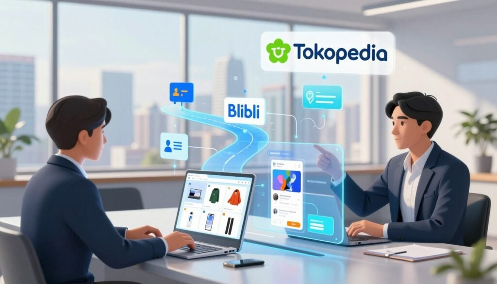 A modern, visually striking illustration of an e-commerce collaboration. In the foreground, two professionals in smart business attire are seated at a sleek conference table, discussing a shared digital platform represented by floating holographic screens displaying vibrant product listings. The middle section features interconnected digital pathways, symbolizing data flow and user interactions between Blibli and Tokopedia. The background showcases a city skyline, representing the vast market potential of their partnership, with soft natural light filtering in through large windows. The atmosphere is collaborative and innovative, capturing the synergy and forward-thinking spirit of the partnership. The composition should have a dynamic angle, emphasizing the teamwork and cutting-edge technology at play.