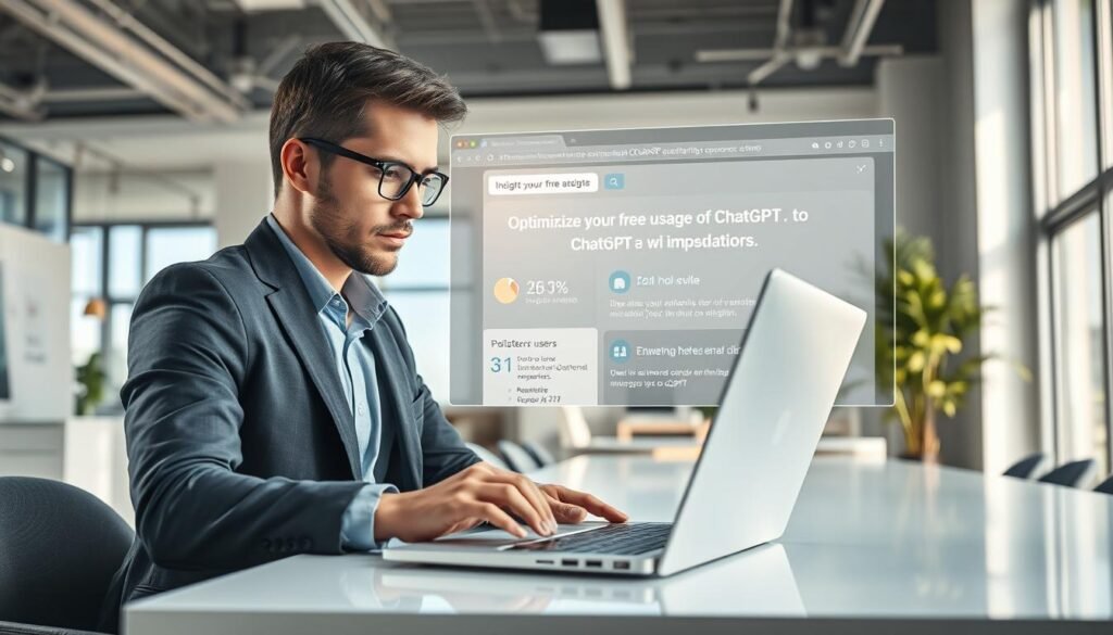 A modern workspace featuring a user interacting with ChatGPT on a sleek laptop. In the foreground, a person dressed in professional business attire, intently looking at the screen with a focused expression. The middle layer showcases a large digital display presenting insightful data and tips regarding optimizing free usage of ChatGPT, with an artistic representation of various web browsing elements like tabs and icons. The background features bright, inspiring office decor with natural light streaming through large windows, creating an atmosphere of innovation and productivity. Use bright colors to evoke excitement and clarity in the scene, ensuring the focus remains on empowering users to maximize their experience with ChatGPT in a digital environment. The overall compositional focus should be balanced, highlighting both the individual and the tools they are using.