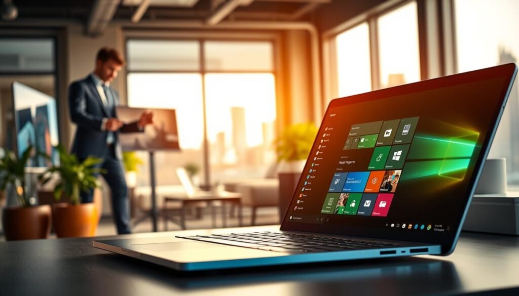 A modern workspace showcasing the standout features of Windows 12. In the foreground, a sleek laptop with an open Windows 12 interface displaying vibrant, user-friendly features like a customizable taskbar and enhanced multitasking capabilities. To the left, a professional in smart business attire is interacting with a touchscreen monitor, engaged in a virtual meeting, emphasizing productivity enhancements. The middle ground features a stylish office setup with modern furniture, plants, and natural light streaming in through large windows. The background shows a slightly blurred city skyline, suggesting innovation and a bright future. The lighting is bright and inviting, creating a motivating atmosphere that embodies progress and efficiency. The overall mood is dynamic and professional, emphasizing the cutting-edge technology of Windows 12.