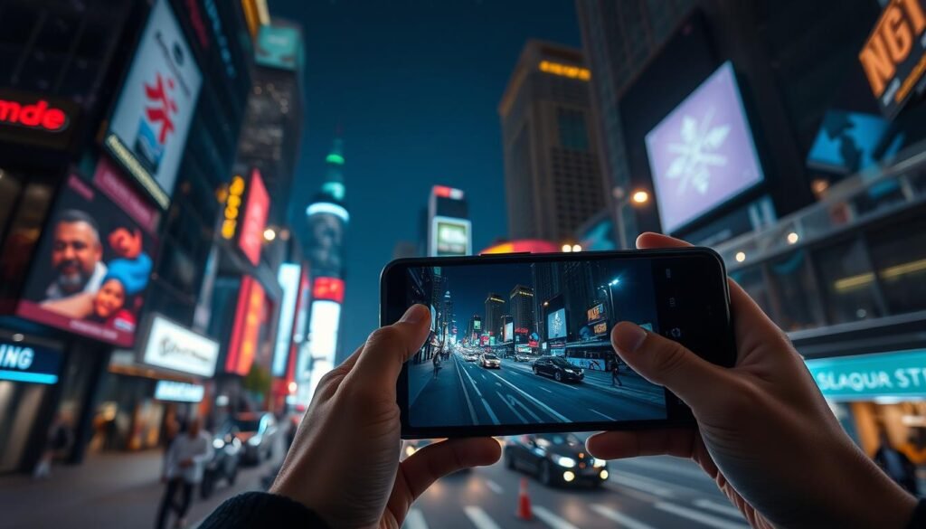 A nighttime urban scene showcasing the impressive video recording capabilities of the Samsung S24 Ultra. In the foreground, a person holding the Samsung S24 Ultra, capturing vivid nighttime footage with the phone's camera visibly glowing with bright LED lights. The middle ground features a bustling city street illuminated with neon signs and streetlights, creating a lively atmosphere. In the background, skyscrapers twinkle under the night sky filled with stars. The scene is captured with a low-angle perspective, emphasizing the smartphone's lens and the dynamic energy of the environment. The lighting should be a mix of artificial and soft ambient tones, highlighting the phone's ability to perform in low light. The overall mood is vibrant and modern, showcasing the technology's prowess in night video recording.