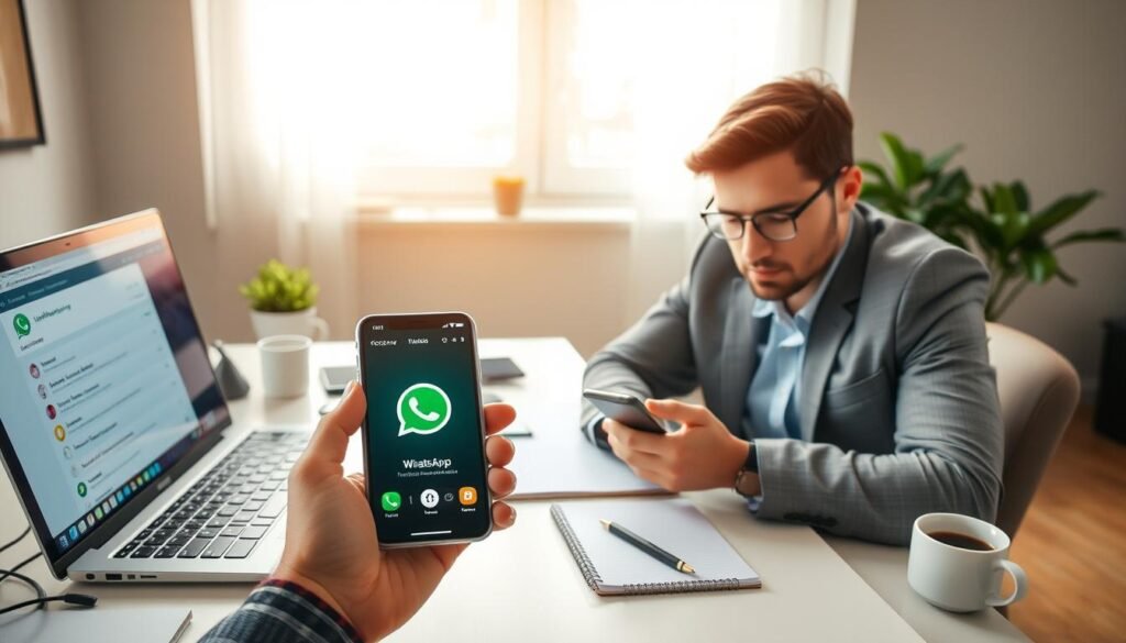 A professional and clean workspace showcasing the process of recovering deleted WhatsApp files, with a focus on a modern smartphone displaying the WhatsApp interface. In the foreground, a confident individual dressed in smart casual attire is intently using the phone, surrounded by various tech gadgets and a laptop with data recovery software visible on the screen. The middle layer features an organized desk with notes, a coffee cup, and a notepad, conveying a sense of productivity. In the background, soft natural light filters through a window, creating an inviting atmosphere that suggests innovation and hope. The composition emphasizes clarity and focus on the recovery process while maintaining a professional ambiance.