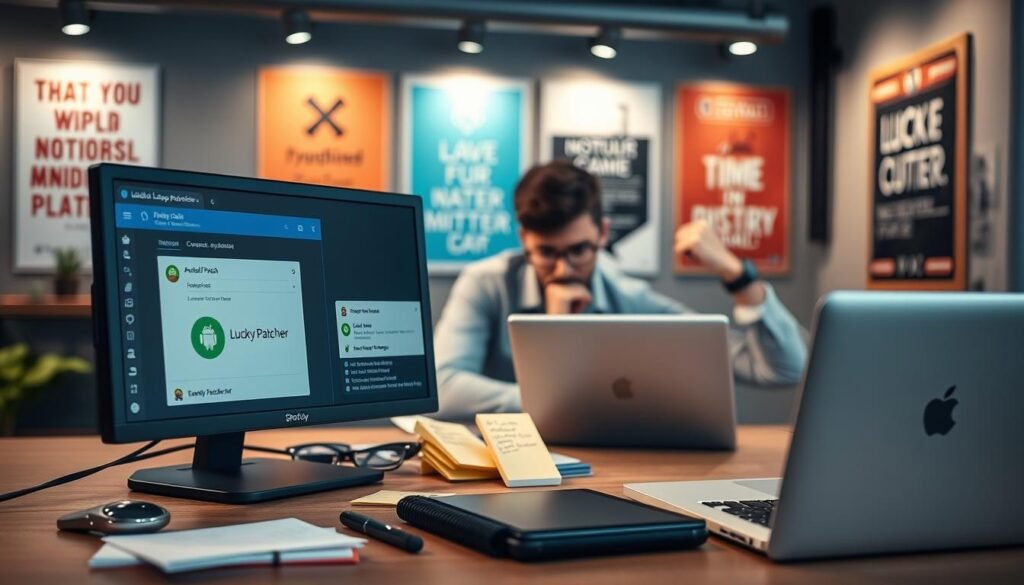 A professional graphic showcasing a step-by-step Android app modification tutorial focused on Lucky Patcher. In the foreground, a computer monitor displays the Lucky Patcher interface, highlighting the modification of in-app purchases. On the desk, tools like a smartphone, code snippets on sticky notes, and a laptop are visible, creating a tech-savvy environment. The middle layer features a person in smart casual attire, intently working on the laptop, with a thoughtful expression. The background consists of a modern workspace with motivational posters related to programming and technology. Soft, ambient lighting enhances the mood of innovation and focus, with a slight depth of field effect, blurring the background to keep the attention on the tutorial elements.