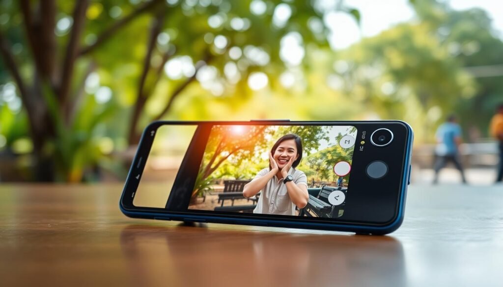 A professional photo capturing the essence of video recording with a focus on the Realme GT Neo 6 smartphone. In the foreground, a sleek Realme GT Neo 6 is positioned on a wooden table, angled slightly to showcase its camera lens prominently. The middle ground features a blurred scene of a vibrant outdoor environment, with a person in modest casual clothing joyfully recording video content using the smartphone. The background includes lush greenery and soft, diffused sunlight filtering through the trees, creating a warm and inviting atmosphere. The lighting is natural and bright, enhancing the colors of the scene. Capture this moment at eye level, emphasizing the dynamic action of video recording, while maintaining a professional and engaging composition.