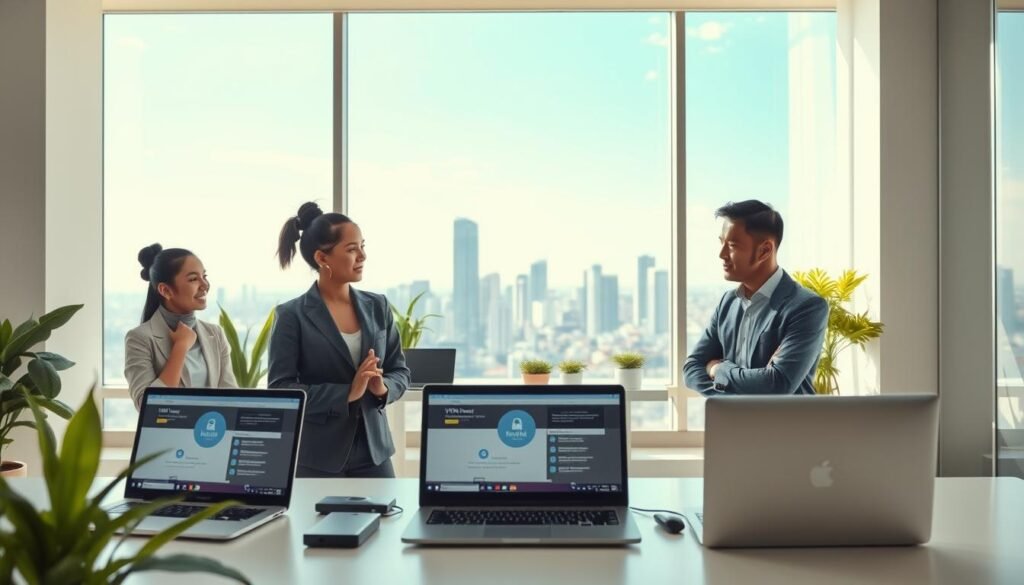 A serene and professional digital landscape showcasing "Alternatif Layanan Internet Aman." In the foreground, a group of diverse professionals, including a woman in a smart blazer and a man in casual yet polished attire, are discussing internet security in a modern office setting with laptops open, displaying VPN interfaces. The middle ground features a sleek workspace with plants and tech gadgets, symbolizing innovation and security. In the background, a window reveals a vibrant cityscape under a clear blue sky, conveying a sense of openness and opportunity. Soft, natural lighting illuminates the scene, creating a calm, trustworthy atmosphere conducive to productive discussions about secure internet alternatives.