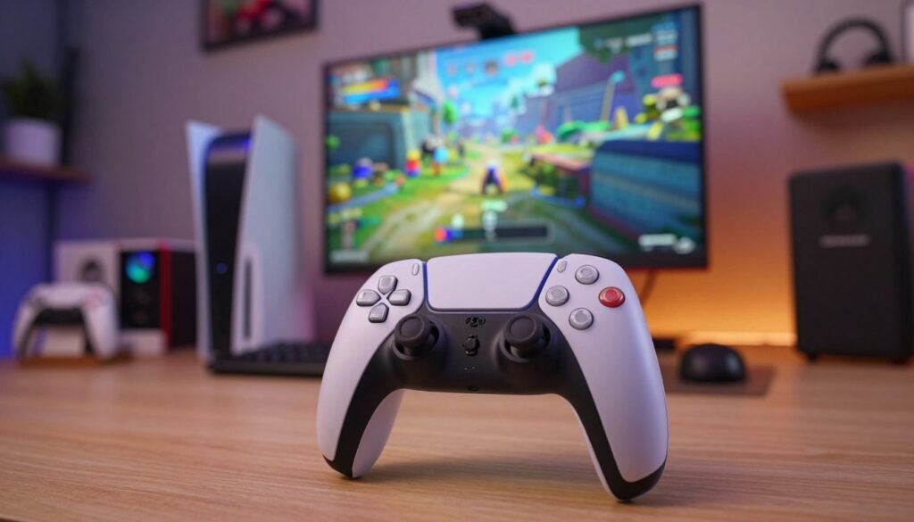 A sleek DualSense controller prominently displayed in the foreground with its adaptive triggers and haptic feedback features highlighted, illuminated by soft, ambient lighting to emphasize its contours and textures. In the middle ground, a modern gaming setup featuring a high-definition screen displaying a graphic of vibrant game environments, showcasing the immersive experience of haptic feedback. The background is a cozy gaming room, complete with plush seating and subtle gaming memorabilia, creating a relaxed atmosphere. A warm color palette invites a sense of excitement and engagement, capturing the essence of maximizing the DualSense controller experience for gamers. The scene is captured from a slightly elevated angle to provide a dynamic perspective.