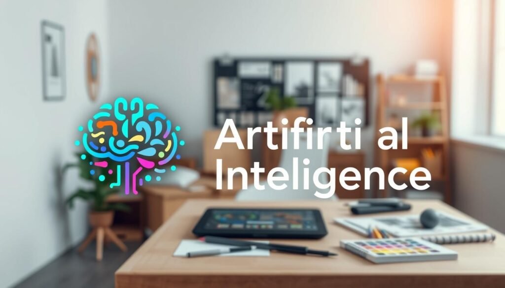 A sleek and modern logo design representing artificial intelligence, prominently displayed in the foreground. The logo should incorporate elements like a stylized brain, circuit patterns, and vibrant colors to symbolize creativity and technology. In the middle ground, feature an artist’s workspace with design tools such as a digital tablet, sketchbooks, and color palettes, emphasizing the design process. The background should have a minimalist aesthetic, with soft lighting that highlights the workspace, giving an inviting and professional atmosphere. Use a shallow depth of field to focus on the logo and design tools while softly blurring the background. The overall mood should be innovative and inspiring, appealing to both designers and tech enthusiasts.