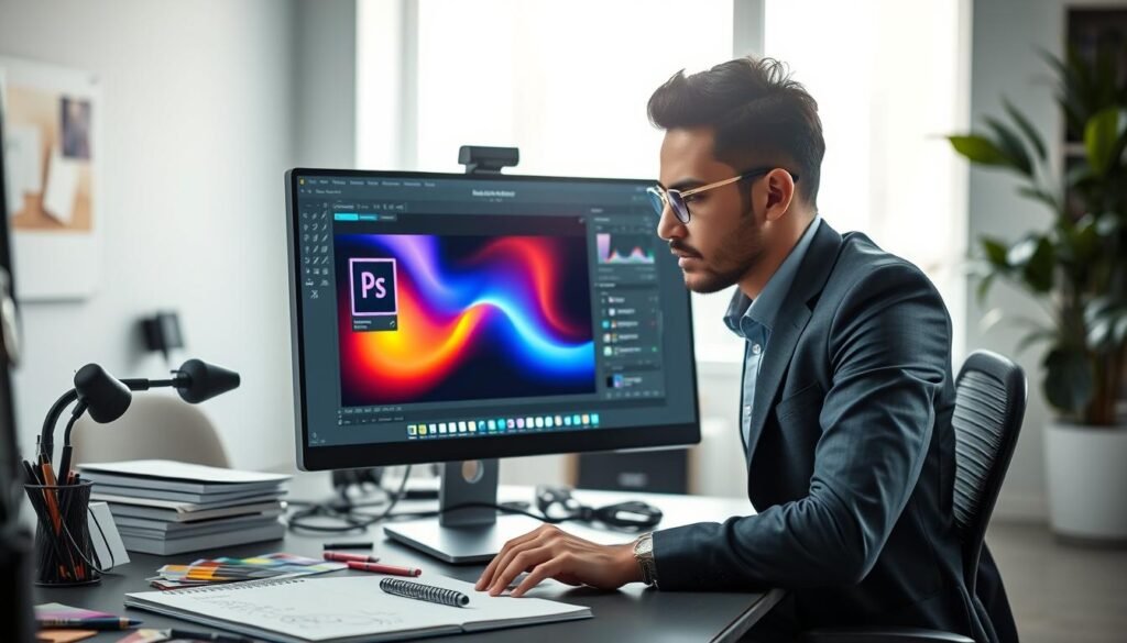A sleek and modern workspace showcasing a computer screen displaying Adobe Photoshop with the Gemini 2.0 Flash feature in action. In the foreground, a focused professional wearing smart casual attire, intently using the software, with vibrant colors reflecting from the screen on their face, suggesting creativity and innovation. The middle ground features a stylish desk cluttered with design tools like a stylus, sketchbook, and color swatches, creating an environment of artistry. The background shows a soft-focus, well-lit office, softly illuminated by natural light from a nearby window, enhancing the atmosphere of inspiration. The overall mood is dynamic and energetic, highlighting the ease and speed of design with AI assistance.