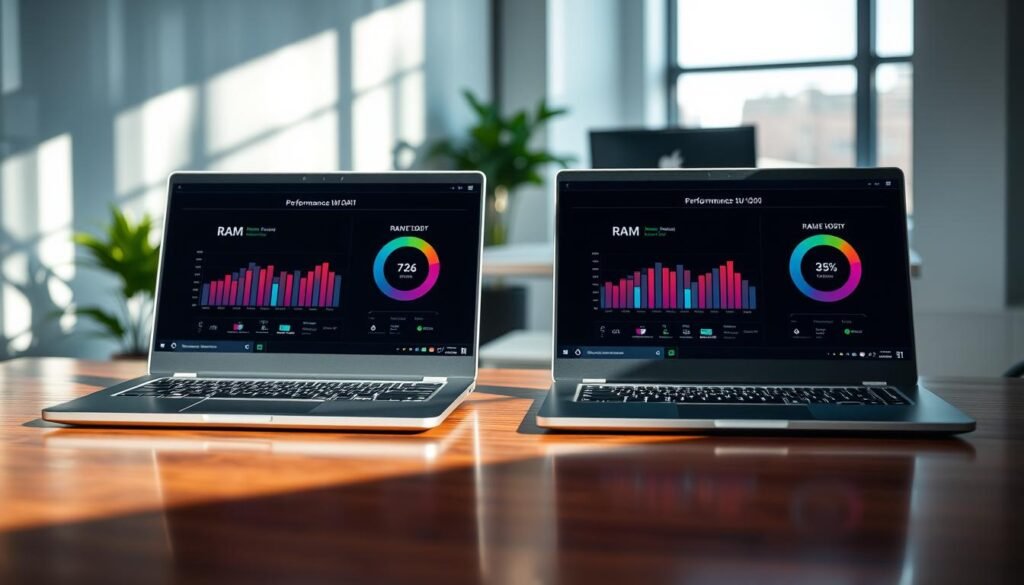 A sleek, modern laptop comparison scene featuring two high-performance laptops side by side on a polished wooden desk. In the foreground, the laptops are open, displaying vibrant performance graphs on their screens, highlighting RAM and performance metrics. Behind them, a blurred modern office background with soft lighting creates a professional atmosphere. Natural light filters through a nearby window, casting gentle shadows. The image is shot at a slight angle to emphasize the laptops without showing any faces, ensuring a focus on technology. The mood is sophisticated and informative, perfect for illustrating a performance comparison, showcasing a tech-savvy environment.