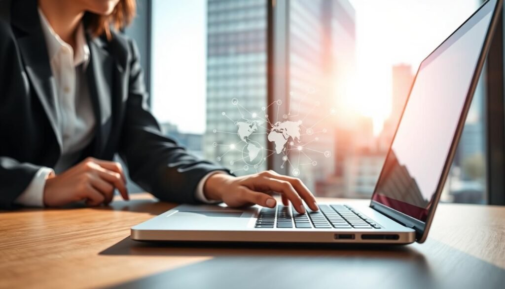 A sleek, modern workspace featuring a laptop open to the ChatGPT interface, showcasing a vibrant browsing session. In the foreground, a person dressed in professional business attire is thoughtfully engaged, fingers poised above the keyboard, reflecting curiosity and focus. The middle ground highlights a digital overlay of a network of interconnected ideas or information flows, symbolizing unlimited access to knowledge. In the background, a large window reveals a bright, sunny day with urban architecture, representing a fast-paced digital world. Soft, natural lighting streams in, creating a warm, inviting atmosphere. The lens captures a slightly blurred effect on the dazzling cityscape, drawing attention to the subject and device. The overall mood conveys empowerment, innovation, and the excitement of exploring limitless possibilities with technology.