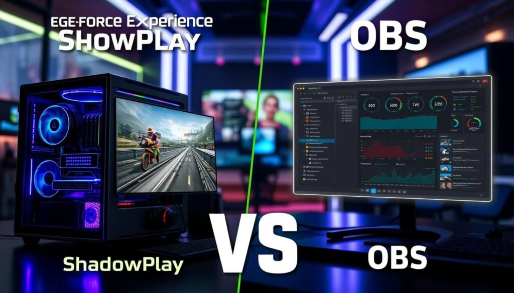 A split-screen comparison image illustrates the head-to-head showdown between GeForce Experience ShadowPlay and OBS. On the left, a high-tech gaming setup showcasing ShadowPlay: a sleek gaming PC with RGB lighting, a vibrant monitor displaying gameplay footage, and graphics that represent superior recording quality. On the right, OBS captures a more analytical vibe with a detailed overlay of its interface surrounded by performance metrics. The background is a blurred, modern gaming environment, enhancing focus on the primary elements. Bright, focused lighting underscores the effectiveness of each software while casting subtle shadows, emphasizing their distinct qualities. The overall mood is competitive and informative, perfect for a tech-savvy audience.