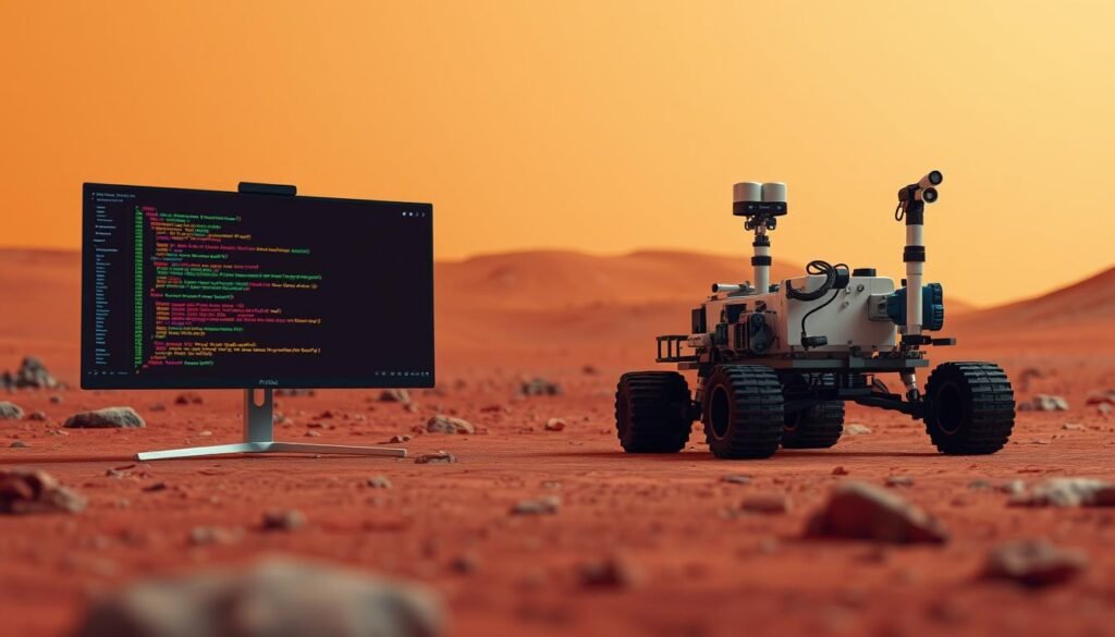 A tutorial scene showcasing a Mars rover being remotely controlled using Python code in PictoBlox. In the foreground, display a sleek computer monitor displaying vibrant code and graphs, symbolizing the programming aspect. The middle ground features a realistic Mars rover, detailed with rugged wheels and scientific instruments, positioned on a red Martian landscape with rocks and dust. In the background, a vast, orange-hued sky stretches across the scene, dotted with distant stars. Soft, ambient lighting creates a futuristic and educational atmosphere, highlighting the innovative use of technology in space exploration. The angle should be slightly tilted to emphasize the rover's scale and the immersive environment, inviting viewers into the tutorial experience.