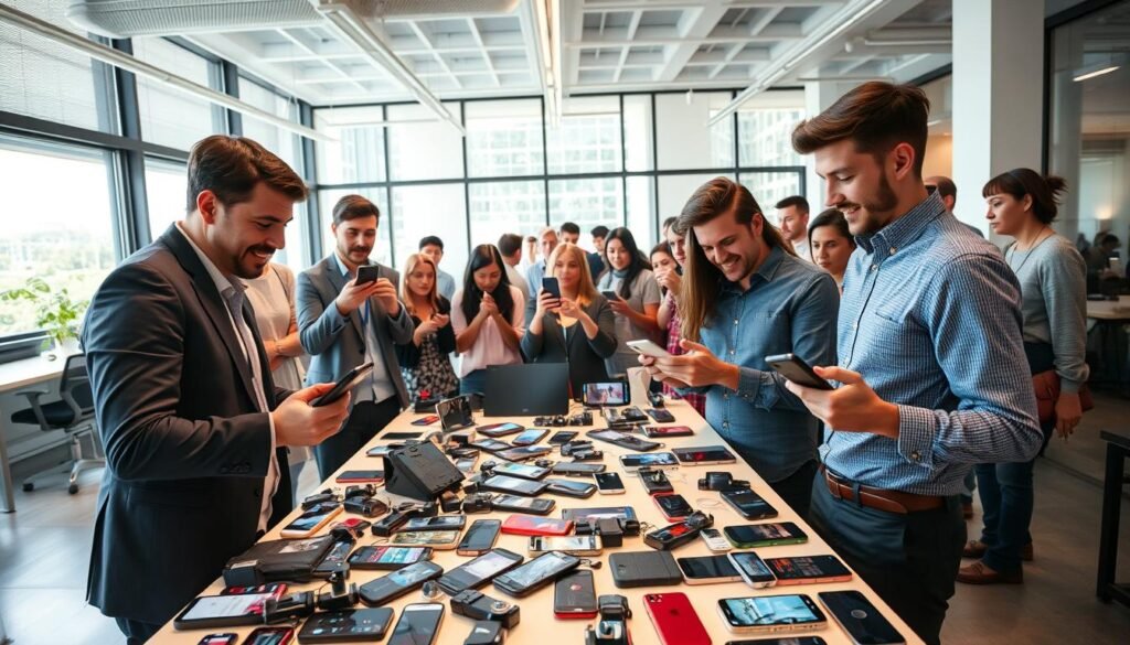 A vibrant community of camera app users gathered in a bright, modern workspace, showcasing their diverse smartphones. In the foreground, a group of three individuals—two men and one woman—in professional business attire engage enthusiastically around a table cluttered with various camera settings and photo samples. The middle ground reveals more community members in casual clothing, sharing tips and discussing features on their devices. In the background, large windows fill the room with natural light, enhancing a lively atmosphere. The scene is captured with a wide-angle lens, creating an inviting and collaborative mood. Soft, diffused lighting accents the excitement and engagement of the users as they explore the potentials of their cameras.