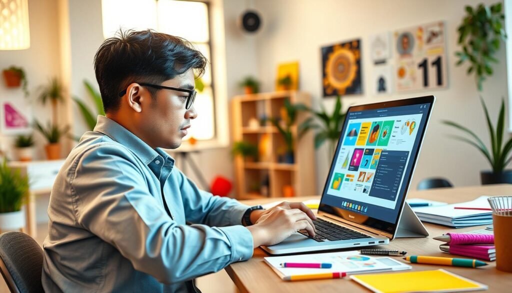 A vibrant scene depicting a small business owner in a modern workspace using a digital design platform, surrounded by colorful design elements on the screen. In the foreground, a focused Indonesian entrepreneur, wearing professional attire, is engaged in creating eye-catching graphics on a laptop, with a bright, natural light illuminating the space. The middle ground features a beautifully organized workspace with design tools, sketches, and colorful templates scattered around, showcasing creativity and innovation. The background includes a blurred view of a cozy office with plants and inspiration boards, creating an encouraging atmosphere. The overall mood is energetic and productive, highlighting the active role of small business owners in utilizing AI design tools like Canva.