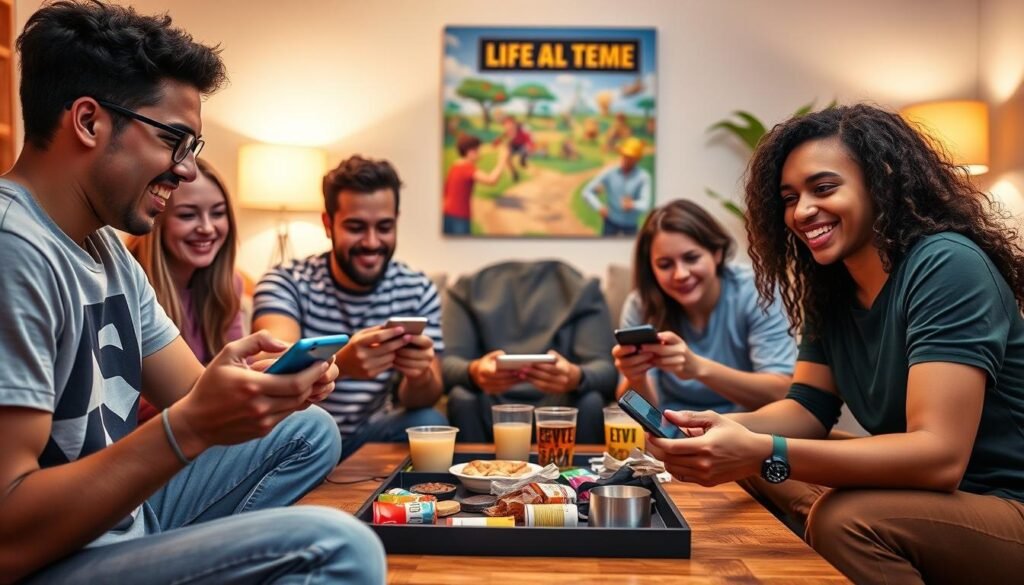 A vibrant scene of a group of diverse young adults gathered around a table in a cozy living room, intensely focused on their smartphones as they play a mobile multiplayer game offline via WiFi Direct. In the foreground, show three players with excited expressions, one in a casual graphic t-shirt, another in stylish glasses, and a third with curly hair, all engaged in friendly competition. In the middle, a coffee table cluttered with snacks and drinks adds a casual atmosphere, while a colorful game poster adorns the wall in the background, along with soft ambient lighting that creates a warm, inviting mood. Ensure the composition captures the essence of camaraderie and fun, with a slightly blurred background to emphasize the players and their devices.