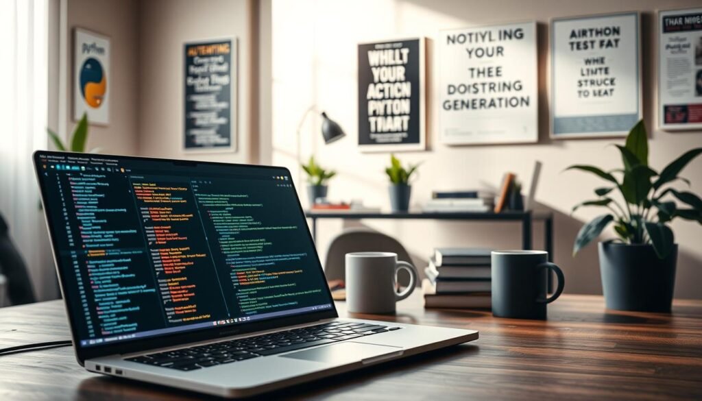 A visually captivating scene depicting a modern workspace designed for Python programming. In the foreground, a sleek laptop displays an active code editor filled with colorful code snippets and a focused interface showing a Python docstring generator in use. The middle layer features a stylish desk with Python-related books, a coffee mug, and a potted plant, exuding a productive atmosphere. In the background, soft natural light streams through a large window, illuminating a wall adorned with motivational programming posters. The mood is inspiring and efficient, encouraging creativity and automation in documentation. The overall color palette is warm and inviting, with subtle contrasts enhancing the tech-savvy environment.