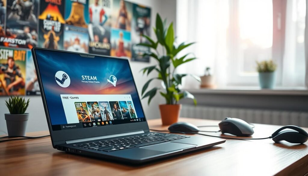 A visually engaging scene depicting a computer desk setup with a bright, modern aesthetic. In the foreground, a sleek gaming laptop is open, displaying a vibrant Steam interface with a free game marked for download. The laptop screen is illuminated, casting soft light on the keyboard. Next to the laptop, a stylish gaming mouse and a pair of over-ear headphones rest. The middle ground features a colorful array of game posters on the wall, highlighting various PC games, while a potted plant adds a touch of greenery. In the background, a window allows for natural light to stream in, creating an inviting atmosphere. The overall mood is energetic and focused, perfect for gaming enthusiasts looking to find their next free game on Steam.