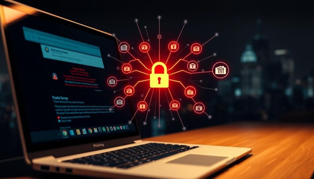 A visually striking composition that illustrates the serious impact of banking Trojan malware on financial security. In the foreground, a sleek, digitally rendered computer desktop displays a phishing email with ominous red alerts and warning symbols. In the middle, a digital representation of a banking trojan spidering outwards, with lines connecting to various bank icons, illustrating the infiltration of personal data. In the background, a blurred cityscape symbolizes the broader financial world. The lighting is dim, evoking a sense of danger, with highlights on the screens and malware graphics to accentuate their threat. The atmosphere is tense and foreboding, suggesting insecurity and vulnerability within banking systems. The angle is slightly tilted for a dynamic effect, heightening the sense of chaos malware brings to the digital space.