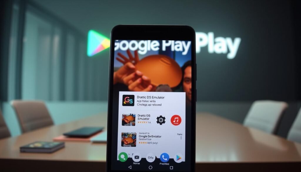 A visually striking image showcasing the Google Play Store interface with an emphasis on app policies. In the foreground, a smartphone displaying the Play Store app, prominently featuring the "Drastic DS Emulator" with a warning icon overlay signifying its removal. The middle ground includes blurred app icons for context, symbolizing a crowded marketplace. The background features a softly focused Google Play Store logo, illuminated with soft lighting to create a techy atmosphere. The scene is set in a modern office environment, with a sleek desk and gentle shadows to evoke a serious yet professional mood, suggesting an ongoing discussion about digital policies. The overall color palette includes vibrant greens and blues to reflect the digital world, while ensuring a clean and polished aesthetic without any text or logos.