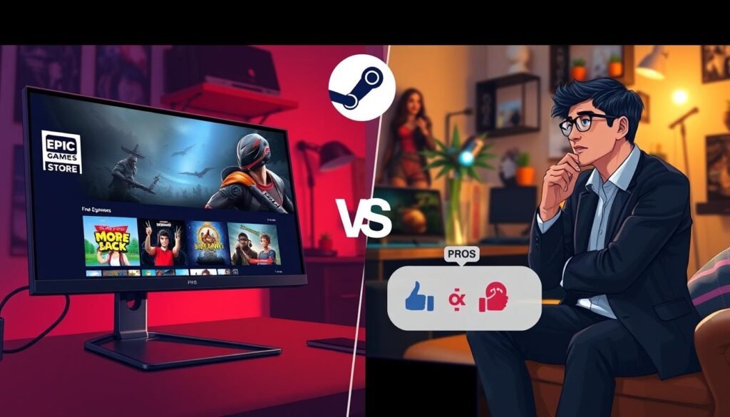 An artistic composition contrasting the Epic Games Store and Steam, with two distinct sections. In the foreground, a digital illustration of a sleek computer screen showcases their respective interfaces, featuring inviting promotional banners for free games. To the right, a vibrant view of a gamer's room, with a person in professional casual attire thoughtfully considering the benefits and drawbacks, surrounded by gaming paraphernalia. In the middle ground, an abstract representation of pros and cons, using icons like thumbs up and down visually integrated with game elements. The background features a cozy, well-lit ambiance with warm lighting, inviting creators to contemplate their experience. The scene conveys a thoughtful and engaging mood, capturing the essence of digital gaming evaluation. An artistic composition contrasting the Epic Games Store and Steam, with two distinct sections. In the foreground, a digital illustration of a sleek computer screen showcases their respective interfaces, featuring inviting promotional banners for free games. To the right, a vibrant view of a gamer's room, with a person in professional casual attire thoughtfully considering the benefits and drawbacks, surrounded by gaming paraphernalia. In the middle ground, an abstract representation of pros and cons, using icons like thumbs up and down visually integrated with game elements. The background features a cozy, well-lit ambiance with warm lighting, inviting creators to contemplate their experience. The scene conveys a thoughtful and engaging mood, capturing the essence of digital gaming evaluation.