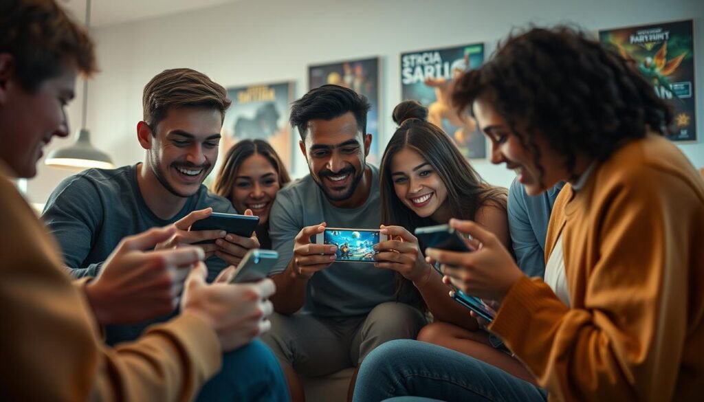 Create an image depicting the concept of "WiFi Direct for Multiplayer Gaming." In the foreground, showcase a group of diverse individuals, aged 20-30, gathered around mobile devices, engaged in an intense multiplayer game session. They are in a cozy, well-lit living room environment, with modern décor reflecting a casual yet vibrant atmosphere. The middle layer should include the screens of their devices displaying colorful game graphics, with visual hints of connectivity symbols indicating WiFi Direct. In the background, soft ambient lighting and gaming posters create a lively yet relaxed setting. Capture the excitement and camaraderie in their expressions. Use a soft focus effect to emphasize their interaction and the glowing screens, giving a warm, inviting feel to the entire scene.